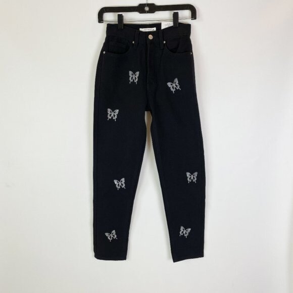 PacSun Jeans 23 Ultra High Waisted Slim Fit Black Rhinestone Butterfly - Picture 1 of 9